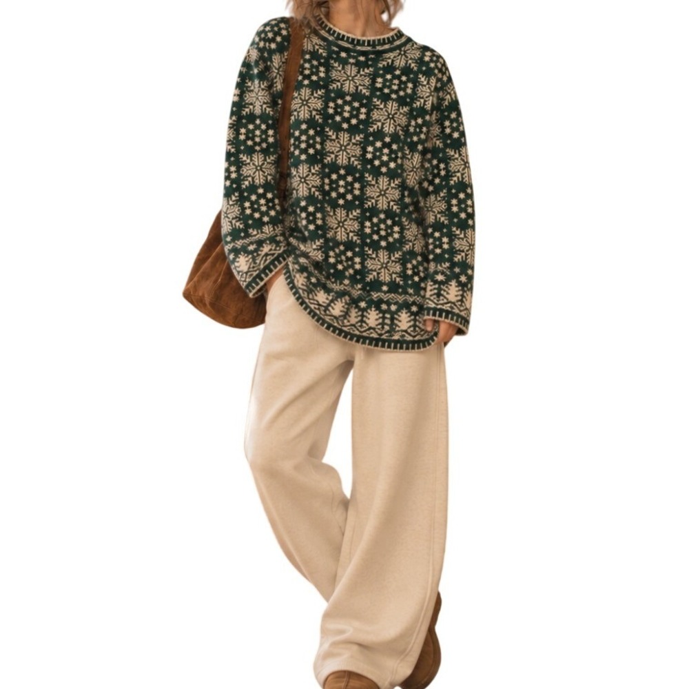 Vintage 90s Sweater Snowflake Fair Isle 14 16 Green Top Tunic Cabincore Scandi